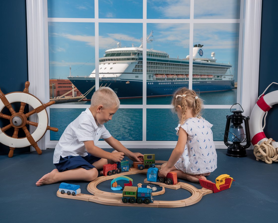 Boy and a girl sitting on the floor playing. There is a cruise ship in the background on a sunny day at Port of Gibraltar