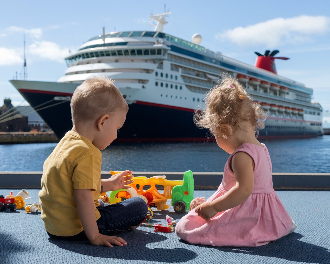 Boy and a girl sitting on the floor playing. There is a cruise ship in the background on a sunny day at Port of Leith