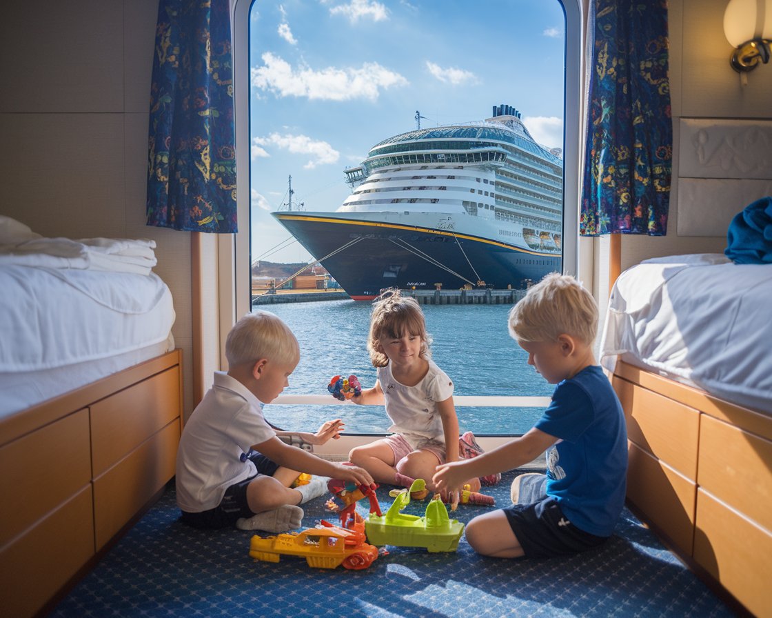 Boy and a girl sitting on the floor playing. There is a cruise ship in the background on a sunny day at Port of Tilbury (London)