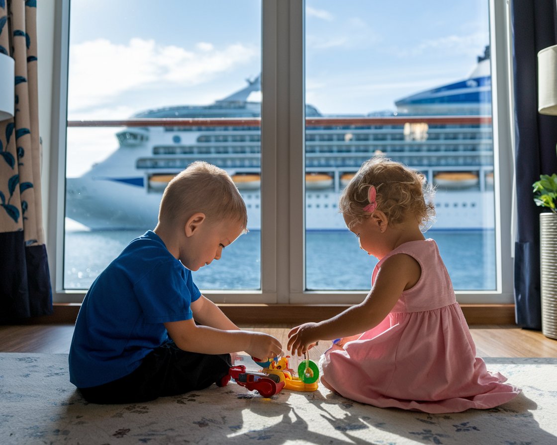 Boy and a girl sitting on the floor playing. There is a cruise ship in the background on a sunny day at Rosyth Port