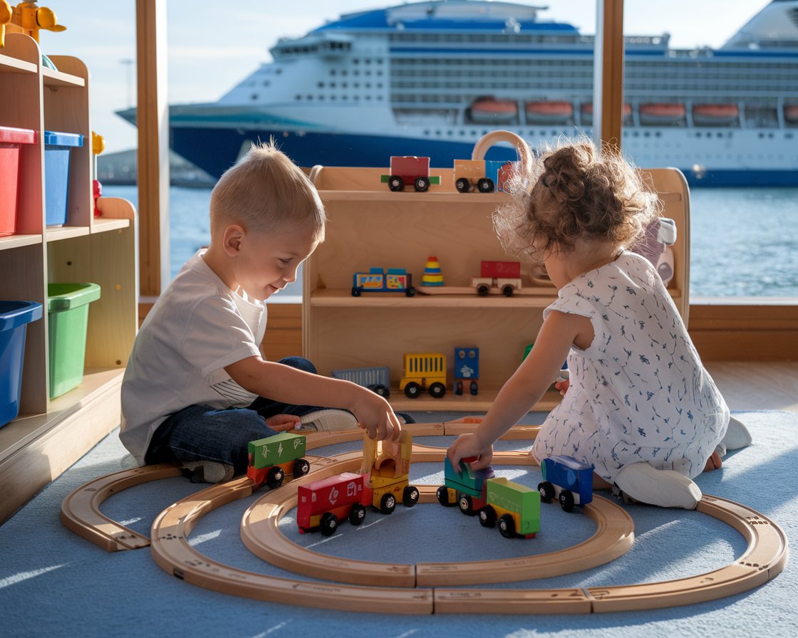 Boy and a girl sitting on the floor playing. There is a cruise ship in the background on a sunny day at Southampton