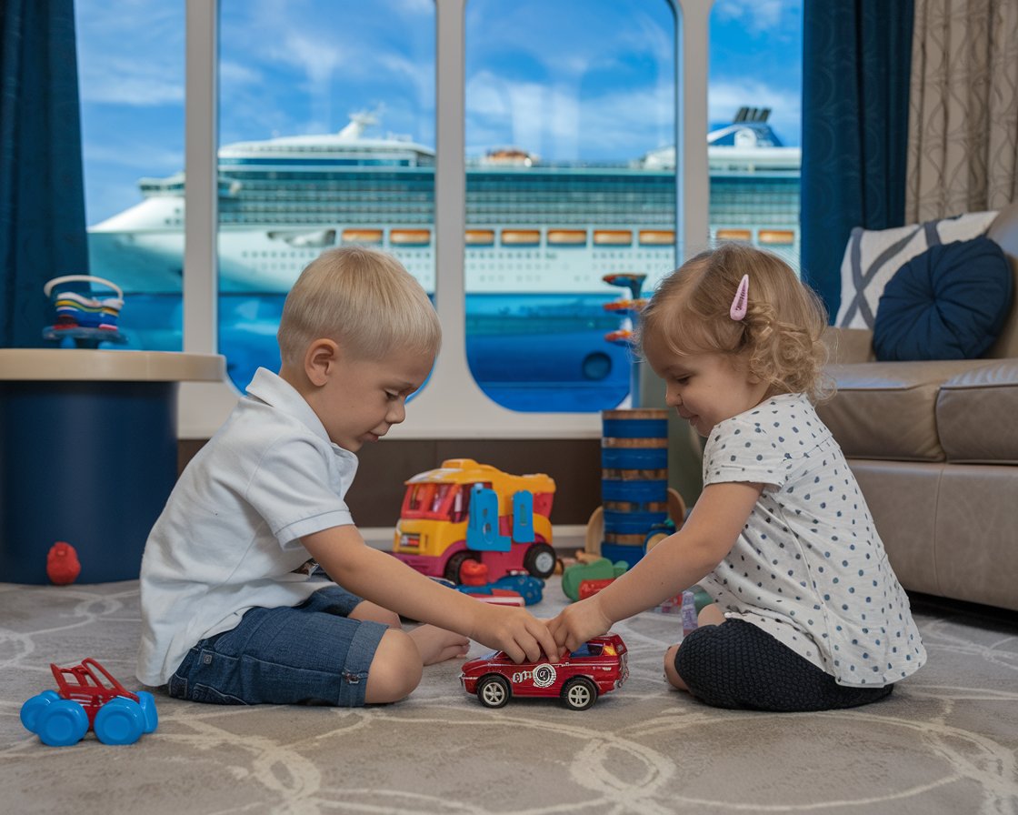 Boy and a girl sitting on the floor playing. There is a cruise ship in the background on a sunny day