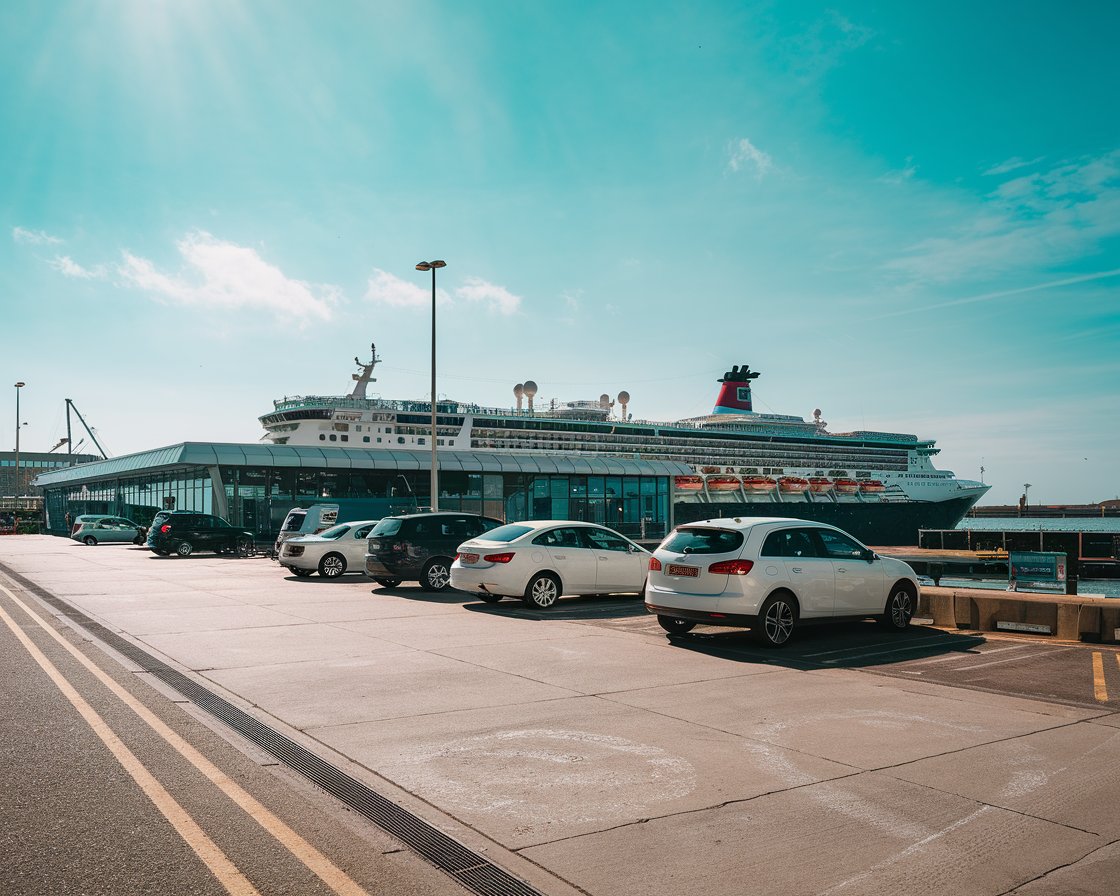 Cars parked at the Belfast Harbour Port terminal with a cruise ship in the background on a sunny day