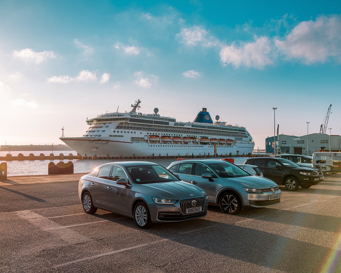 Cars parked at the Bristol’s Port of Avonmouth terminal with a cruise ship in the background on a sunny day