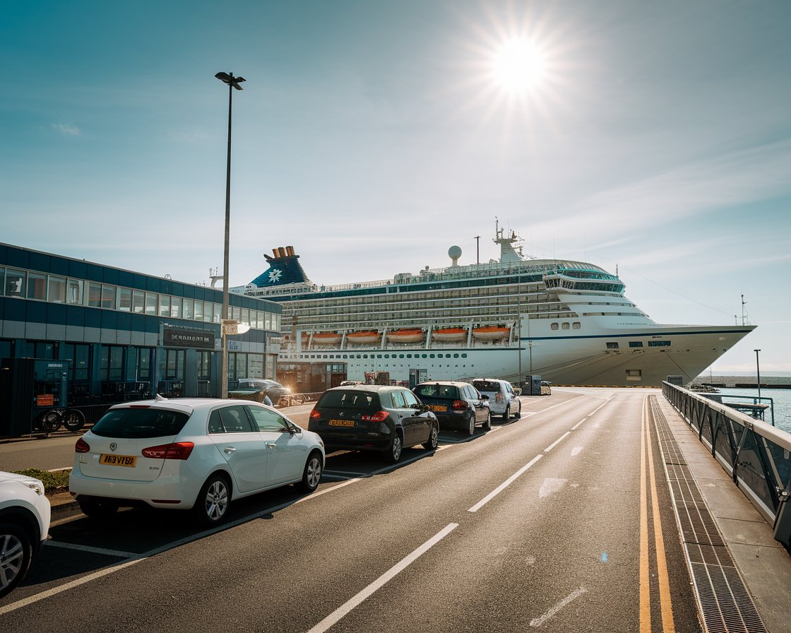 Cars parked at the Greenock Ocean Terminal Port with a cruise ship in the background on a sunny day