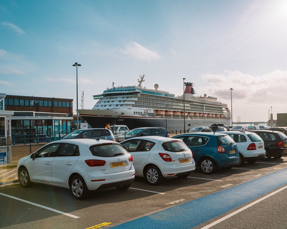 Cars parked at the Harwich International Port terminal with a cruise ship in the background on a sunny day