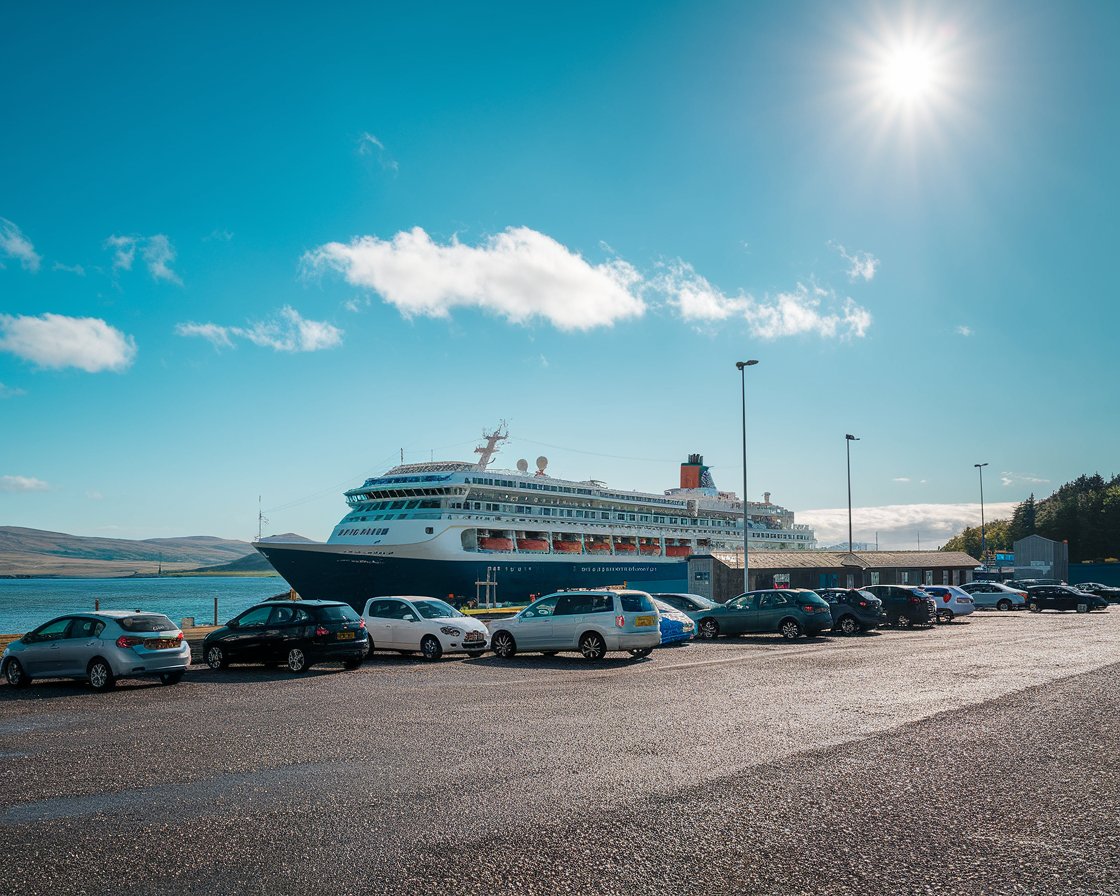 Cars parked at the Holyhead Port with a cruise ship in the background on a sunny day