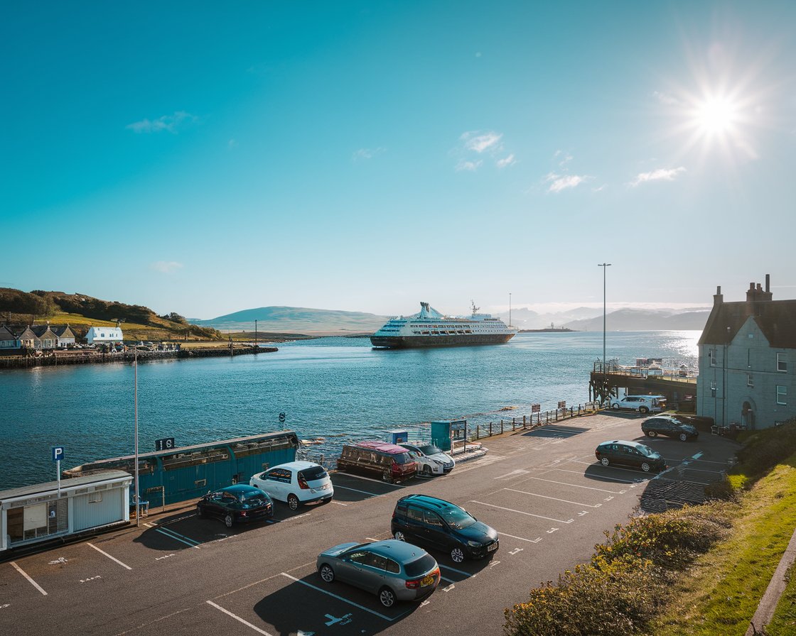 Cars parked at the Port of Cromarty Firth (Invergordon) terminal with a cruise ship in the background on a sunny day