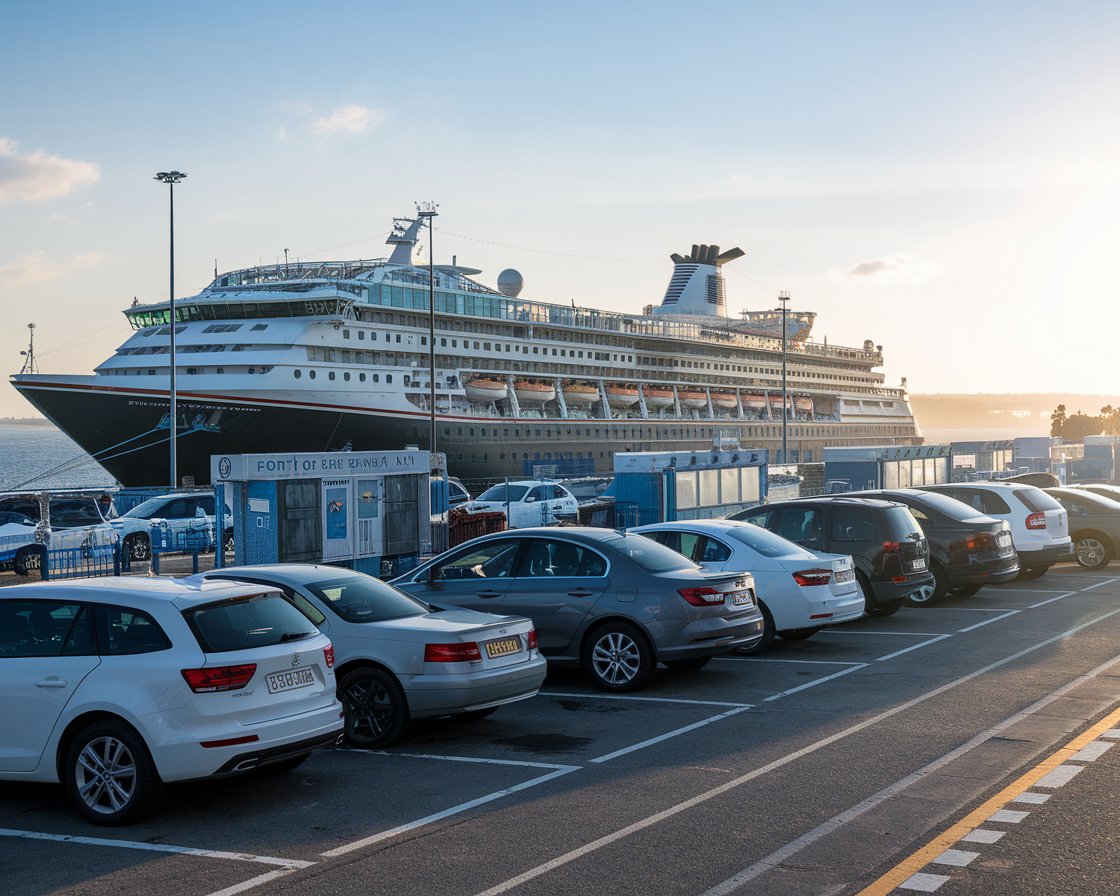 Cars parked at the Port of Dover terminal with a cruise ship in the background on a sunny day