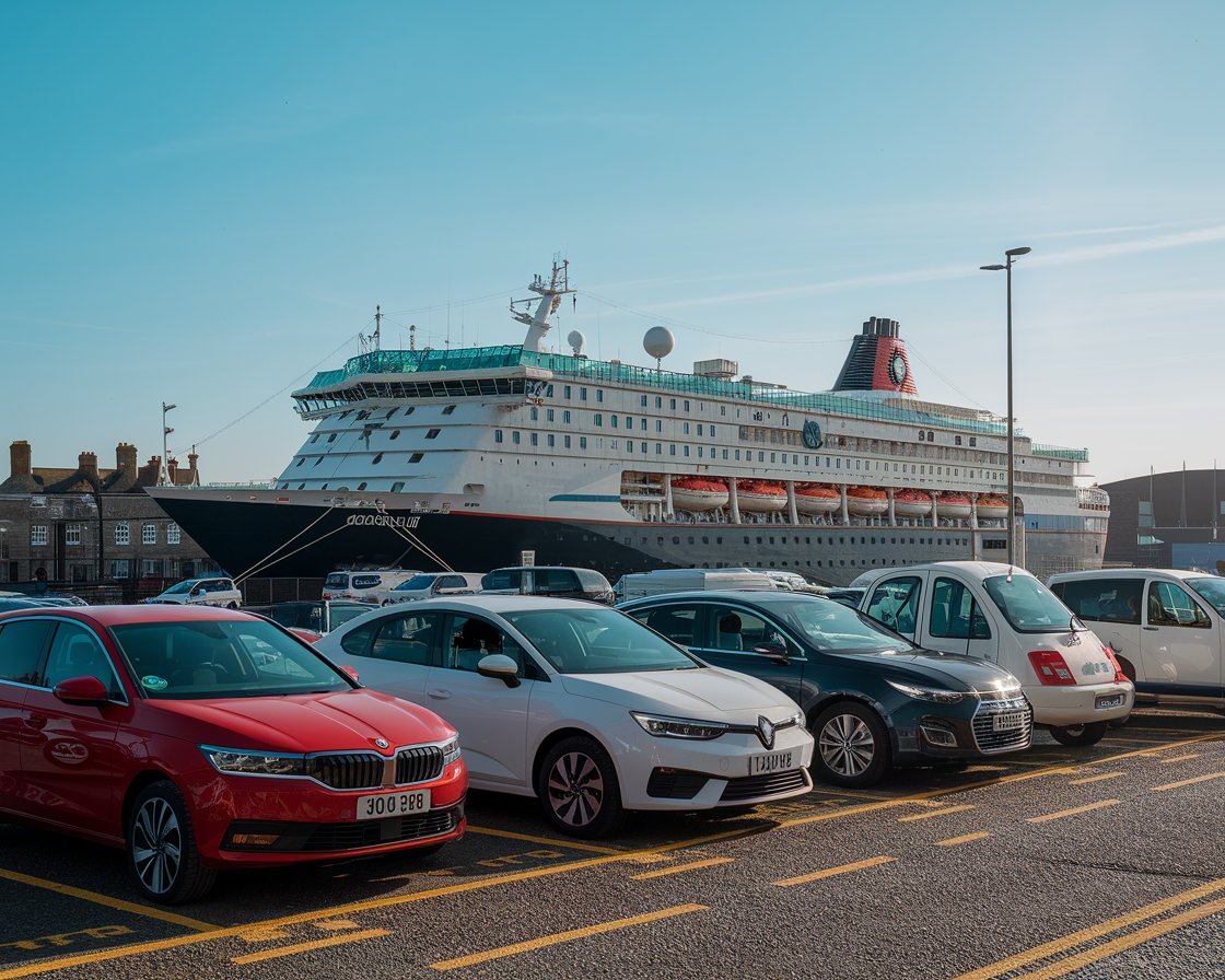 Cars parked at the Port of Leith terminal with a cruise ship in the background on a sunny day