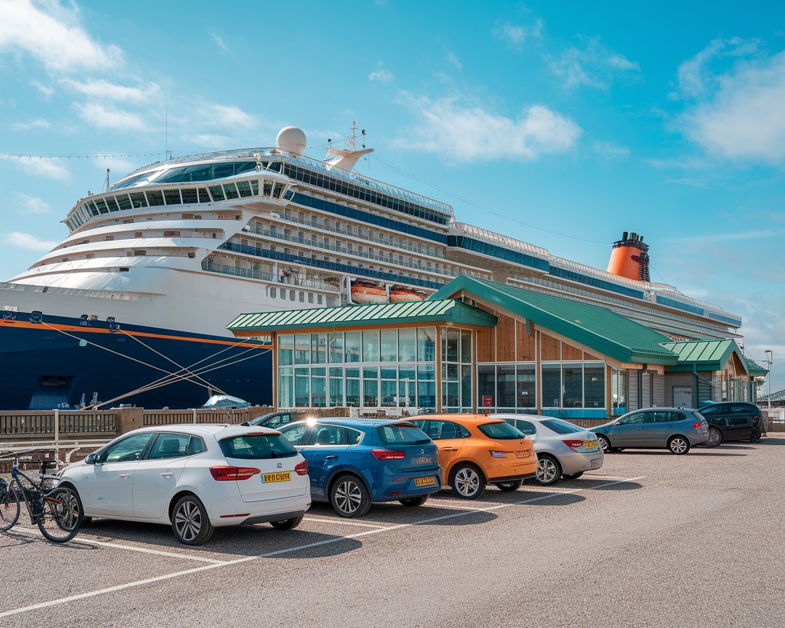 Cars parked at the Port of Tilbury terminal with a cruise ship in the background on a sunny day