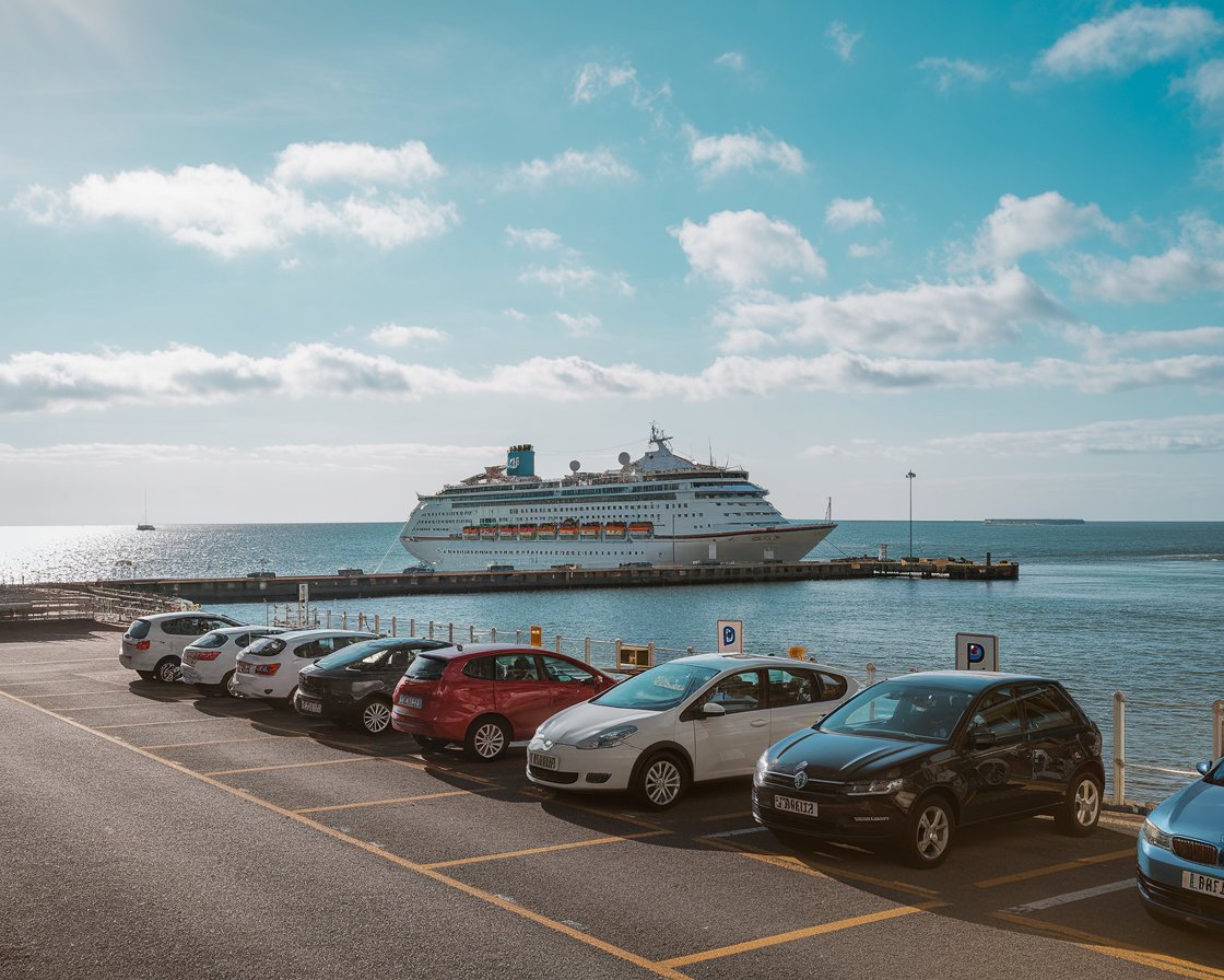 Cars parked at the Rosyth Port terminal with a cruise ship in the background on a sunny day