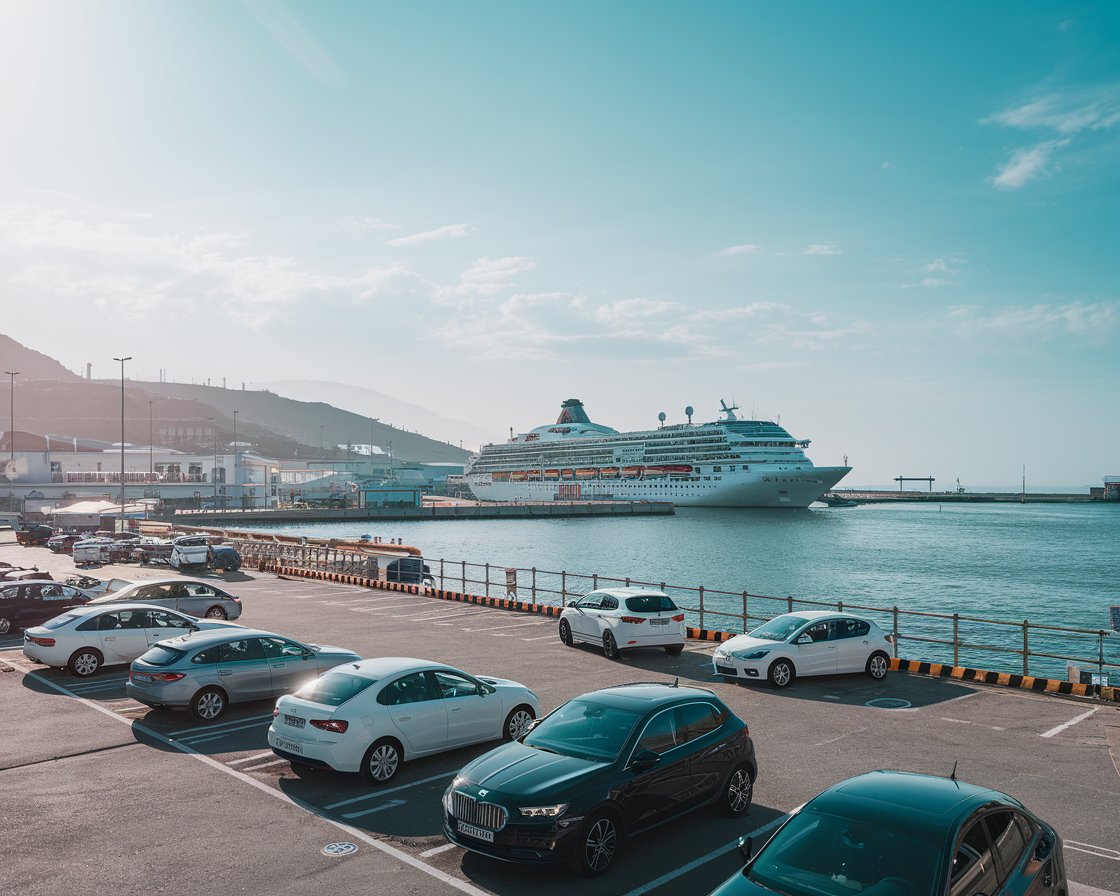 Cars parked at the terminal Port of Gibraltar with a cruise ship in the background on a sunny day