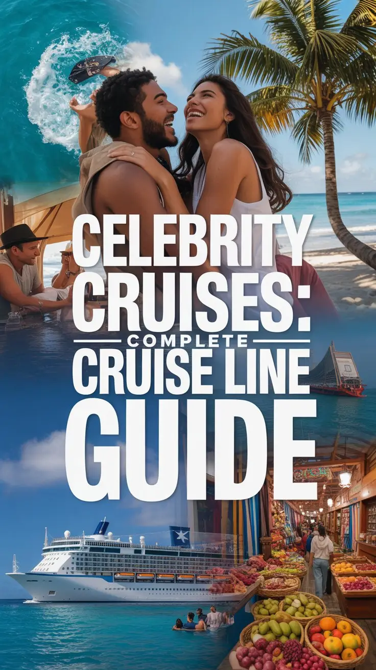 A dynamic, collage-style advertisement for Celebrity Cruises showcases a vibrant array of travel experiences instead of a ship, featuring close-ups of turquoise ocean water splashing, a couple laughing on a pristine white sand beach under a swaying palm tree, and a panoramic view of a bustling, colorful marketplace with exotic fruits and spices. The composition is a layered blend of these high-resolution images, expertly lit to create depth and texture, with a warm, inviting color palette emphasizing the luxury and adventure of travel. Overlaid prominently on the collage, a large, clean white box contains the bold text "Celebrity Cruises: Complete Cruise Line Guide" in thick, sans-serif lettering, ensuring immediate impact and readability against the vibrant background, conveying a sense of exploration and curated experiences. The overall aesthetic is upscale and aspirational, designed to inspire wanderlust and position Celebrity Cruises as the ultimate gateway to unforgettable journeys.