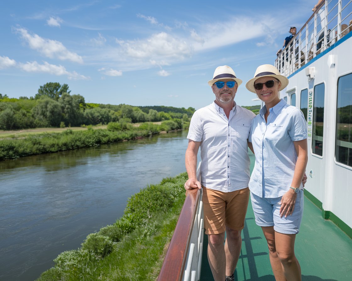 Couple dressed in shorts, sunglasses on a river Cruise ship