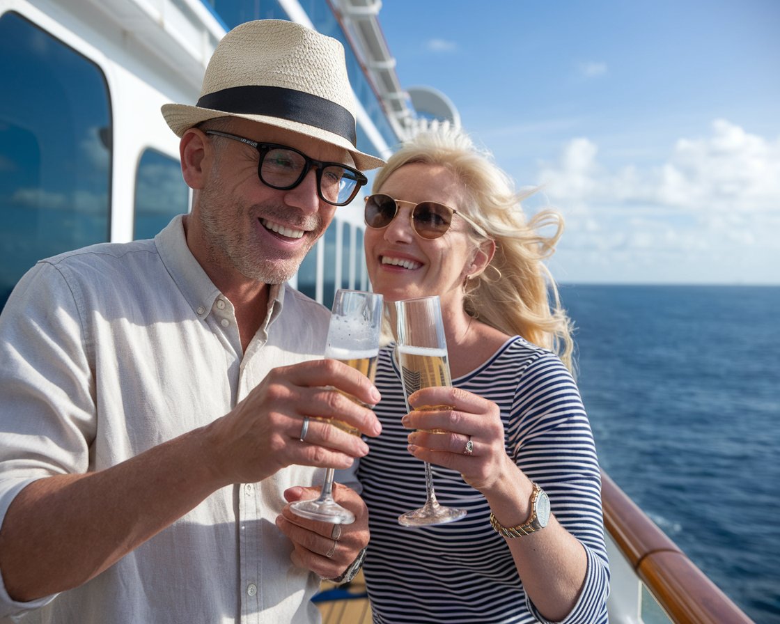 Couple enjoying their rewards champagne on Norwegian Epic cruise ship