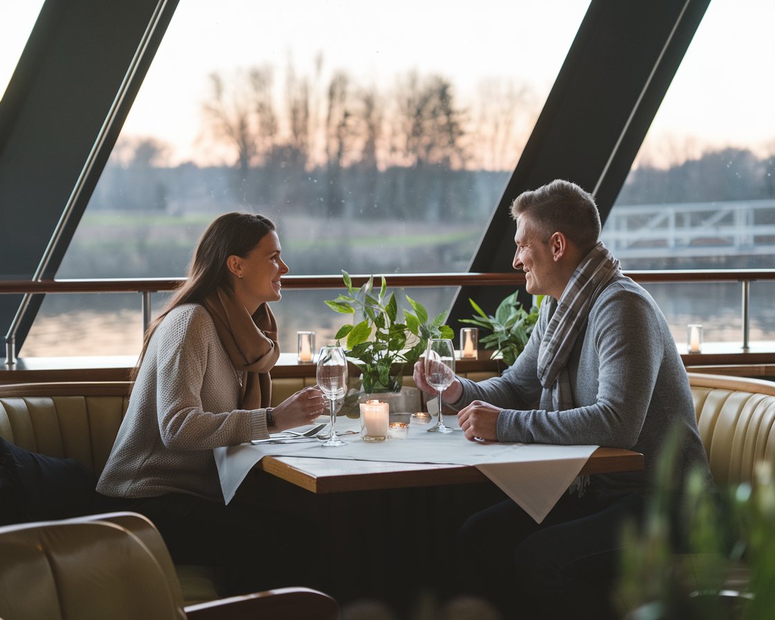 Couple having dinner on a river cruise