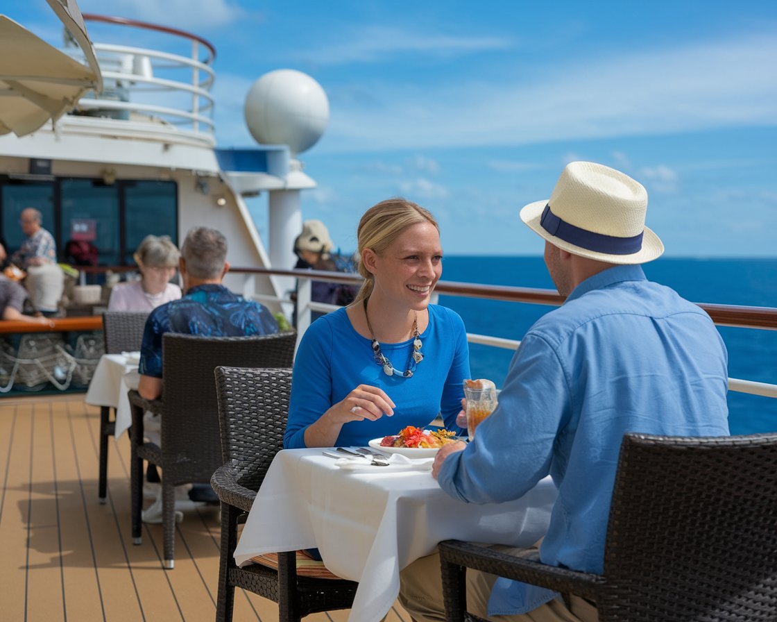 Couple having lunch on the deck of a cruise ship