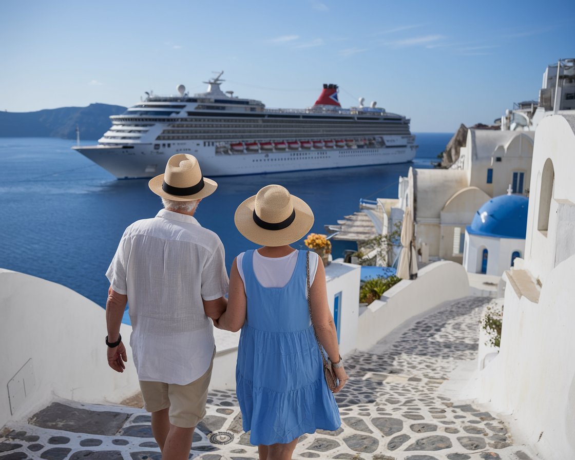 Couple in Greece with a cruise ship in the background