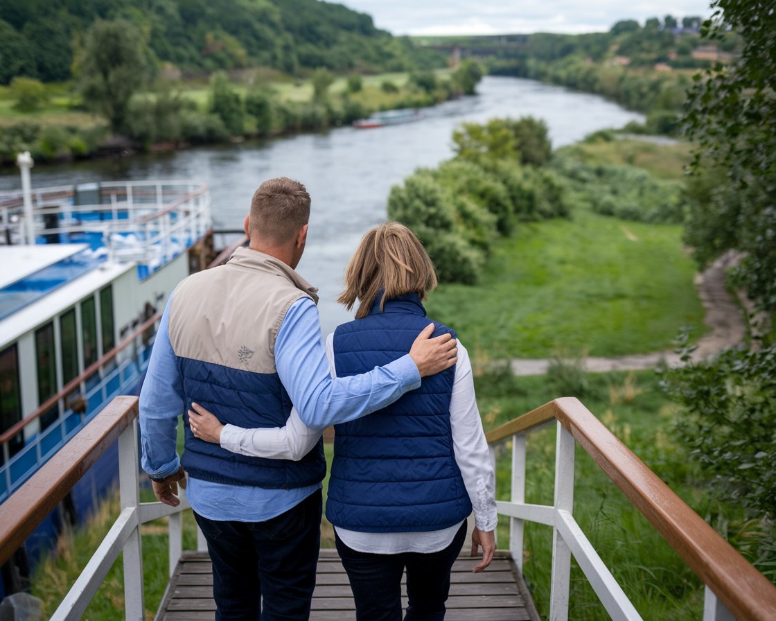 Couple walking off a River Cruise