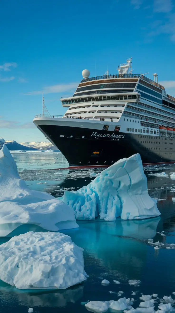 A photograph of a massive Holland America cruise ship sailing through the icy waters of Alaska. The ship's white hull contrasts against the deep blue of the water, and multiple decks are visible with small figures enjoying the scenic view. Surrounding the ship are several large, translucent blue icebergs with intricate shapes and textures, reflecting the bright sunlight. A clear, sunny sky with a few scattered clouds completes the scene, enhancing the overall feeling of a pristine and vast wilderness.