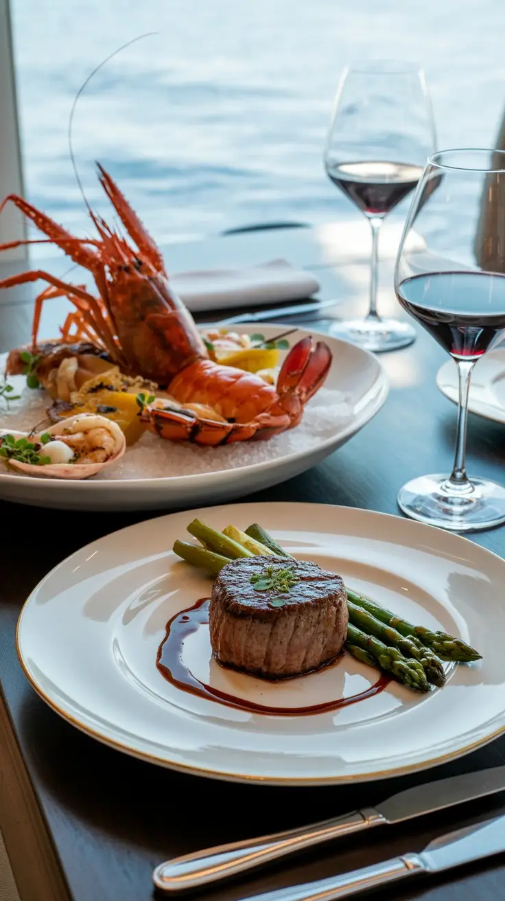 A photograph showcases two exquisitely presented gourmet meals served on the luxurious Celebrity Edge cruise ship. The first meal is a vibrant seafood platter featuring glistening grilled lobster, scallops, and prawns artfully arranged on a bed of crushed ice, while the second meal is a tender, perfectly seared filet mignon with asparagus spears and a rich red wine reduction. Both meals are displayed on pristine white porcelain plates, reflecting the soft ambient light from the ship's elegant dining room, where polished silverware and crystal glassware complete the scene. The background reveals a subtle view of the ocean through a large panoramic window, creating a sense of upscale travel and culinary indulgence.