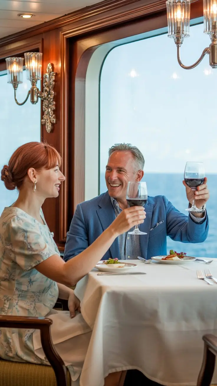 A photograph of two middle-aged tourists enjoying a meal in the elegant dining room of a Holland America cruise ship. The woman has auburn hair pulled back in a bun and wears a light floral dress, while the man sports a neatly pressed blue blazer and a cheerful smile as he raises a glass of red wine. A crisp white tablecloth covers the table, set with gleaming silverware and delicate china, framed by ornate wood paneling and sparkling chandeliers. Soft, diffused lighting from the large panoramic windows illuminates the scene, showcasing the ocean view visible in the distance.