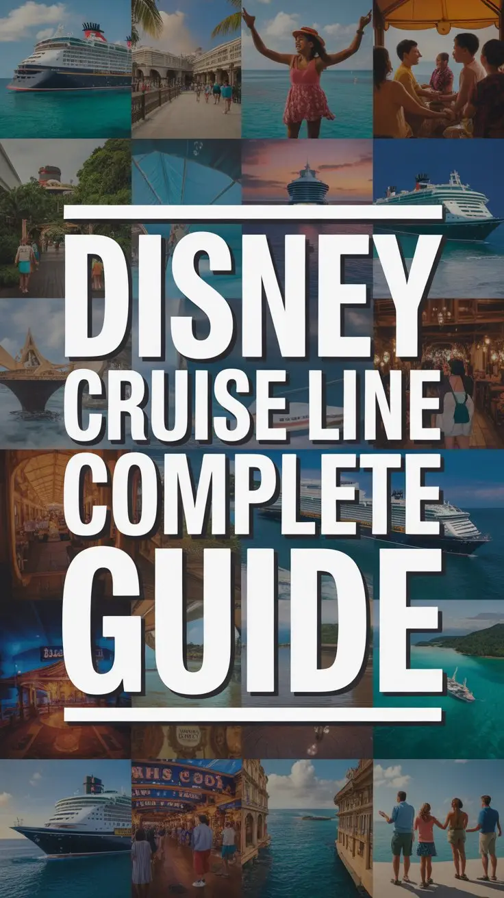 A vibrant, collage-style advertisement for Disney Cruise Line featuring a dynamic arrangement of imagery representing destinations and experiences offered – including lush tropical beaches, bustling marketplaces, enchanting underwater scenes, and families enjoying themed activities. The visual elements are layered and interconnected, creating a sense of adventure and discovery, with a warm, inviting color palette of turquoise, coral, and golden hues. Boldly overlaid across this collage is the text "Disney Cruise Line Complete Guide" in a thick, white sans-serif font contained within a slightly raised rectangular box, ensuring immediate visibility and emphasizing the guide's comprehensive nature. The overall aesthetic evokes a feeling of joyful exploration and family fun, communicating the magic and excitement of a Disney cruise vacation.