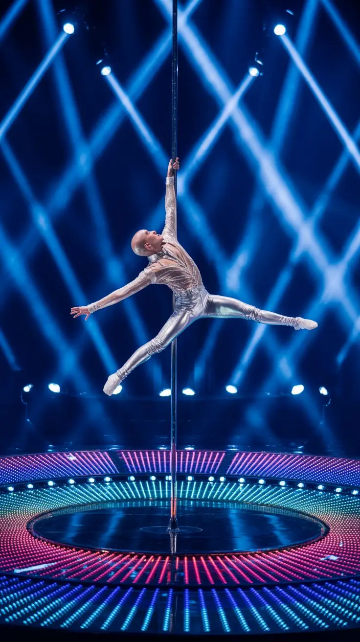 A photograph captures a breathtaking moment from "The Tipping Point" performance aboard Celebrity Edge. A lone acrobat, clad in a shimmering silver bodysuit, is suspended mid-air, gracefully balanced on a slender chrome pole that seems to defy gravity. Below, a circular stage bathed in pulsating LED lights in hues of electric blue and vibrant magenta creates an otherworldly atmosphere. Soft, focused lighting highlights the acrobat's silhouette against the dazzling light show, showcasing their strength and artistry.