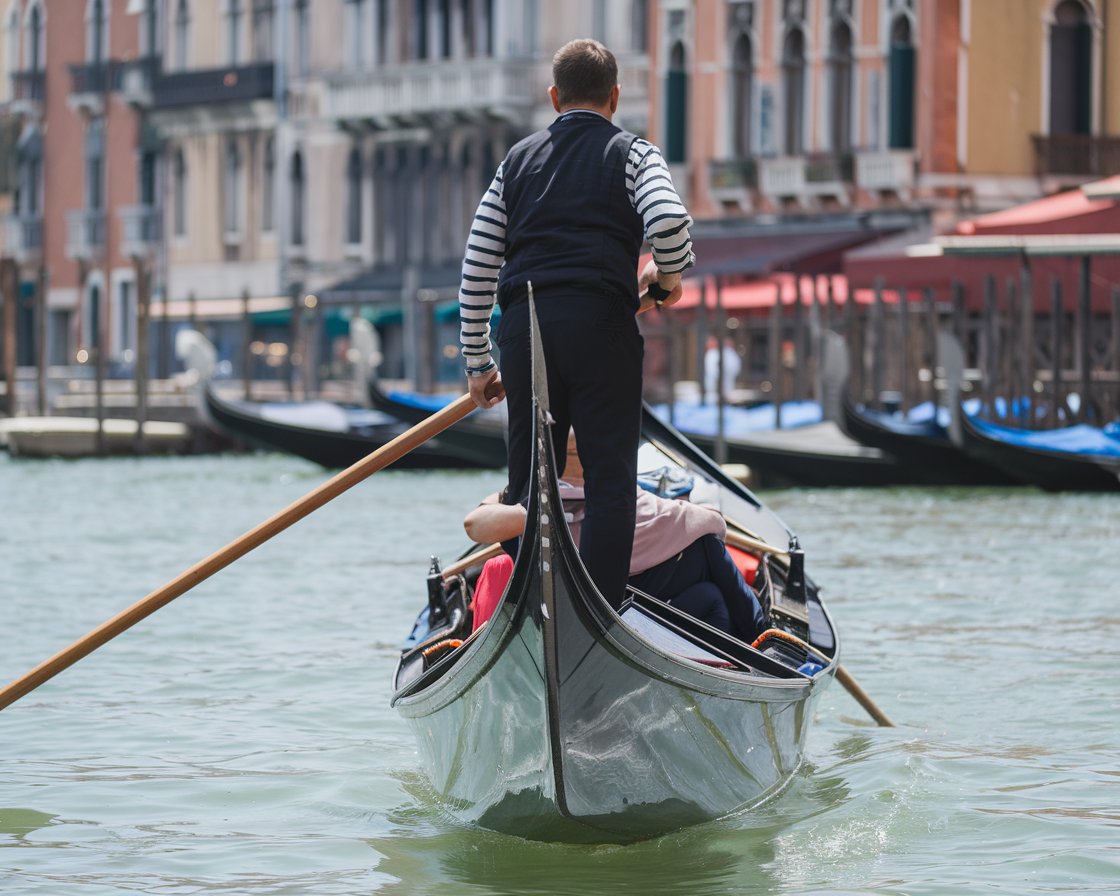 Gondolier is rowing in Venice