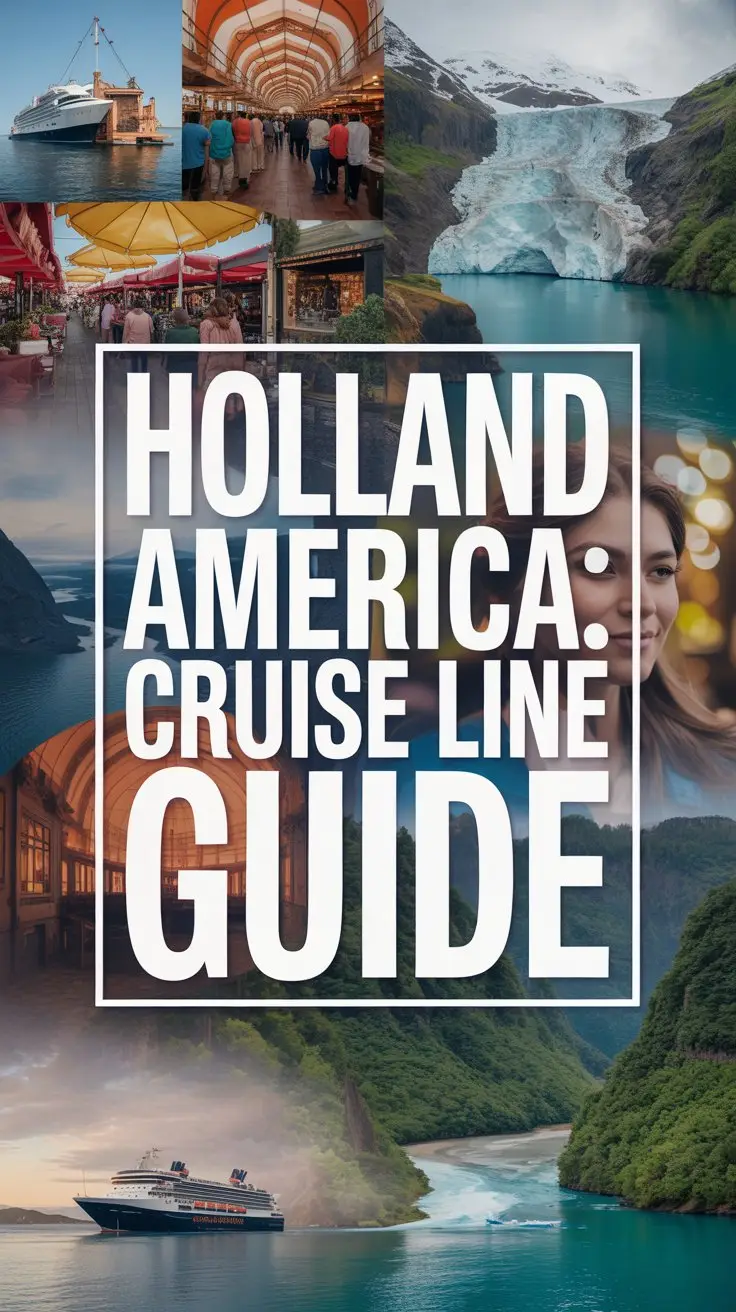 A vibrant, collage-style advertisement for Holland America Cruise Line features a dynamic arrangement of evocative travel imagery – bustling Moroccan marketplaces, serene Alaskan glaciers, and lush Costa Rican rainforests – excluding any direct depictions of cruise ships. The collage is overlaid with a large, bold box containing the text "Holland America: Cruise Line Guide" in striking white lettering, ensuring immediate attention and readability against the colorful background. Soft, diffused lighting highlights the textures and details within the collage, creating a sense of adventure and discovery while emphasizing the diverse destinations offered, with a subtle, blurred gradient background to unify the various scenes and maintain focus on the text. The overall aesthetic is modern and aspirational, conveying a sense of curated travel experiences and inviting exploration with a sophisticated and inviting mood.