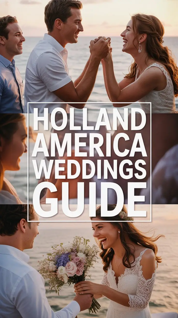 A vibrant lifestyle advertisement for Holland America Weddings Guide featuring a layered collage of candid wedding moments captured in warm, golden-hour light, showcasing intimate details like intertwined hands exchanging vows, a bride laughing with her bridesmaids, and a close-up of delicate floral arrangements. The collage is arranged around a large, centrally-positioned box containing the text "Holland America Weddings Guide" in bold, clean white lettering, ensuring immediate visibility against a subtly textured background reminiscent of fine linen. Soft, romantic lighting and a focus on genuine emotion create an inviting and aspirational mood, evoking the promise of unforgettable celebrations at sea, with a minimalist design prioritizing the visual storytelling and avoiding any overt branding beyond the prominent text. The overall aesthetic is elegant and timeless, emphasizing the brand’s commitment to creating personalized and luxurious wedding experiences.