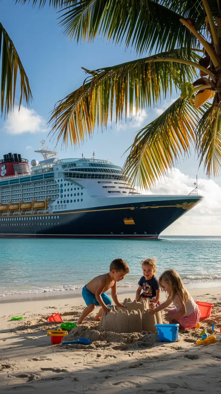 Kids playing on the beach in the med with a Disney Cruise ship in the background