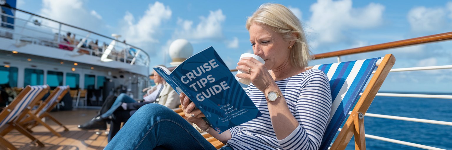 Lady casually dressed reading Cruise Tips Guide on a cruise ship