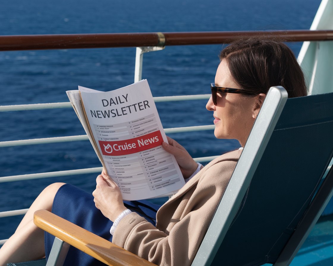 Lady reading the daily newsletter on a cruise ship