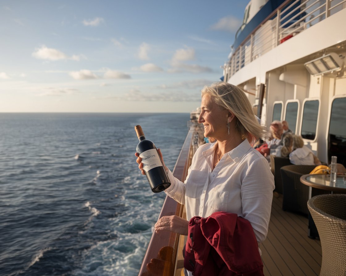 Lady with a bottle of wine on a cruise ship