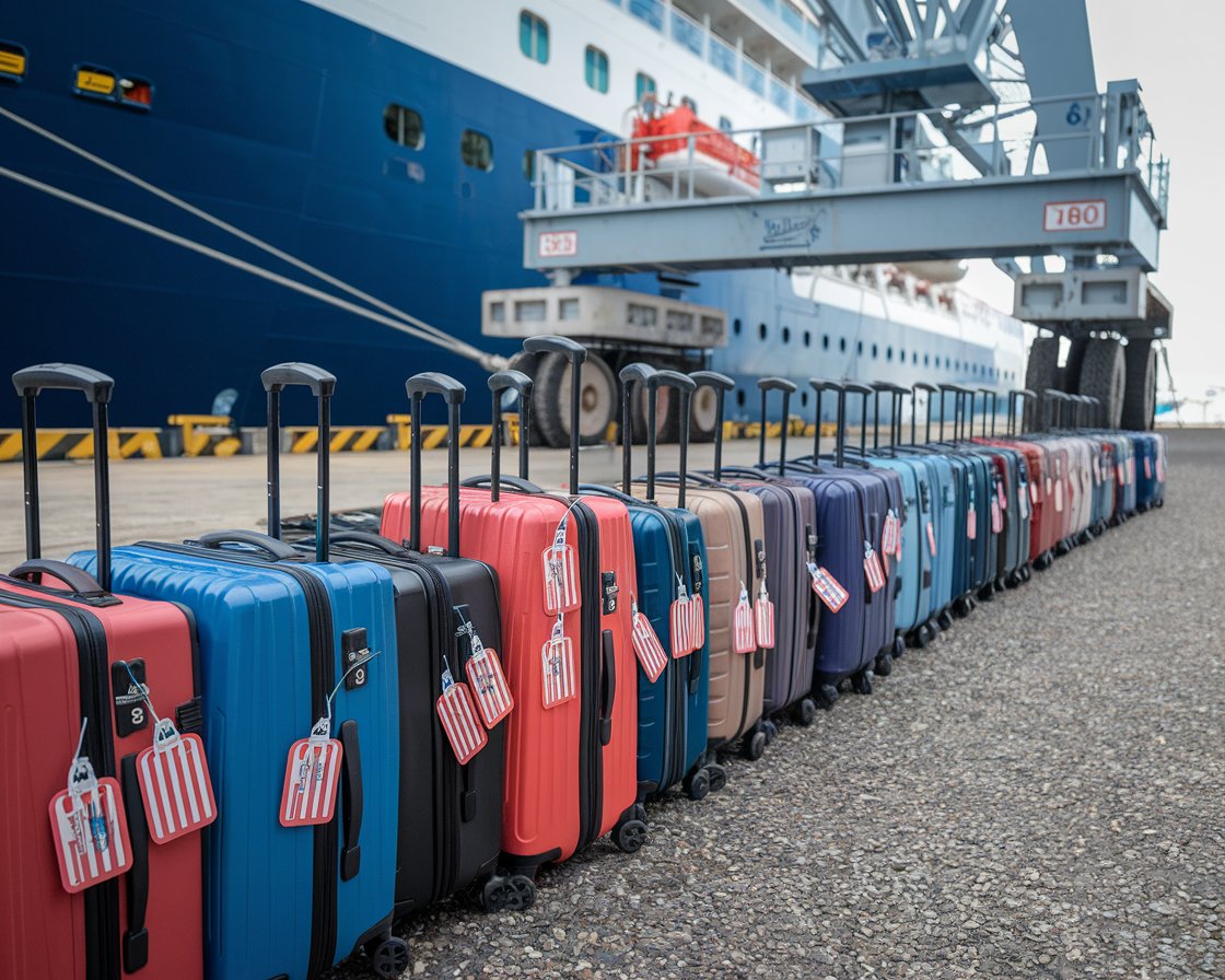 Luggage waiting to go on a cruise ship at Belfast Harbour Port