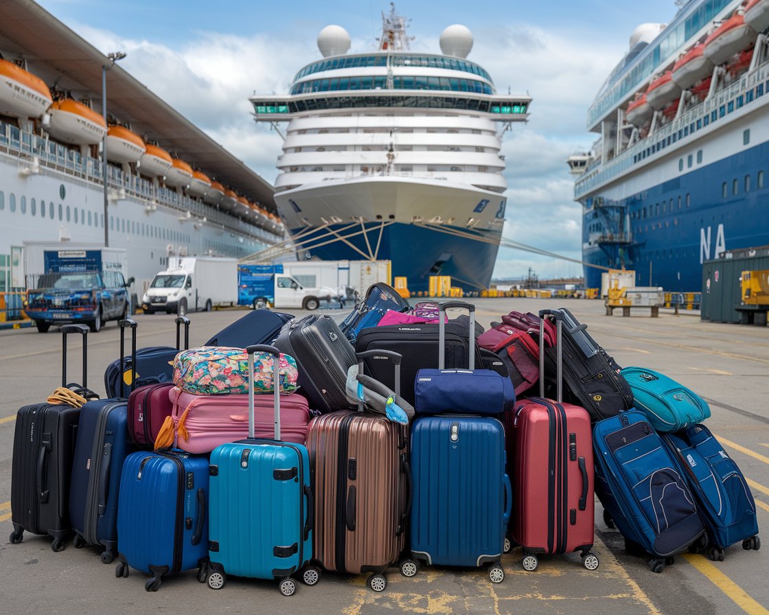 Luggage waiting to go on a cruise ship at Greenock Ocean Terminal Port