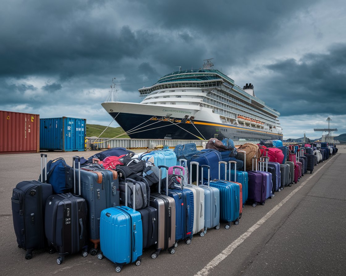 Luggage waiting to go on a cruise ship at Port of Cromarty Firth (Invergordon)