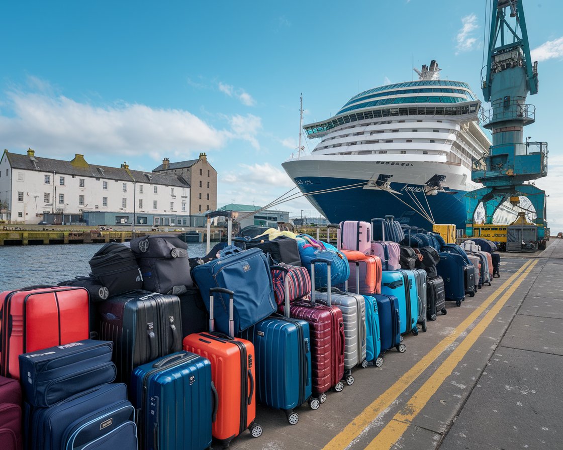 Luggage waiting to go on a cruise ship at Port of Leith