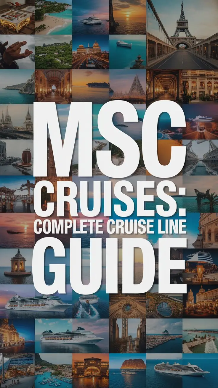 A vibrant, collage-style advertisement for MSC Cruises features a dynamic arrangement of images showcasing diverse travel experiences—exotic beaches, bustling cityscapes, historical landmarks, and luxurious resort settings—without depicting a cruise ship itself. The collage is unified by a warm, golden-hour lighting scheme and a cohesive color palette of turquoise, coral, and deep blues, evoking a sense of adventure and sophisticated leisure. Dominating the composition is a large, bold white box containing the text "MSC Cruises: Complete Cruise Line Guide," utilizing thick, distinctive lettering designed for immediate impact and readability, positioned centrally to anchor the visual. The overall aesthetic is aspirational and energetic, conveying the breadth of experiences available through MSC Cruises and enticing viewers with the promise of unforgettable journeys.