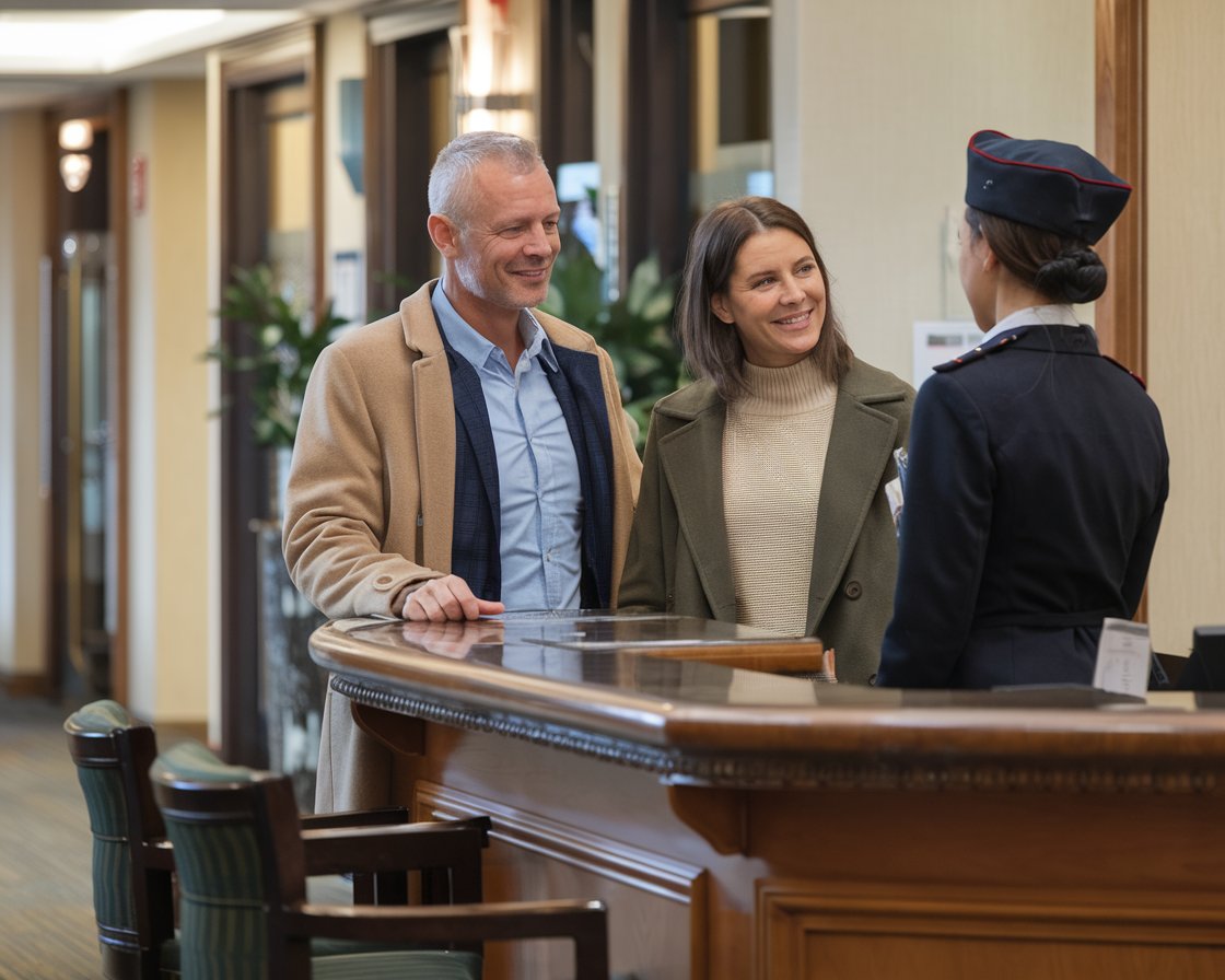 Mid aged Man and mid aged lady dressed casually are at the front desk of a hotel talking to a staff member at Hull town