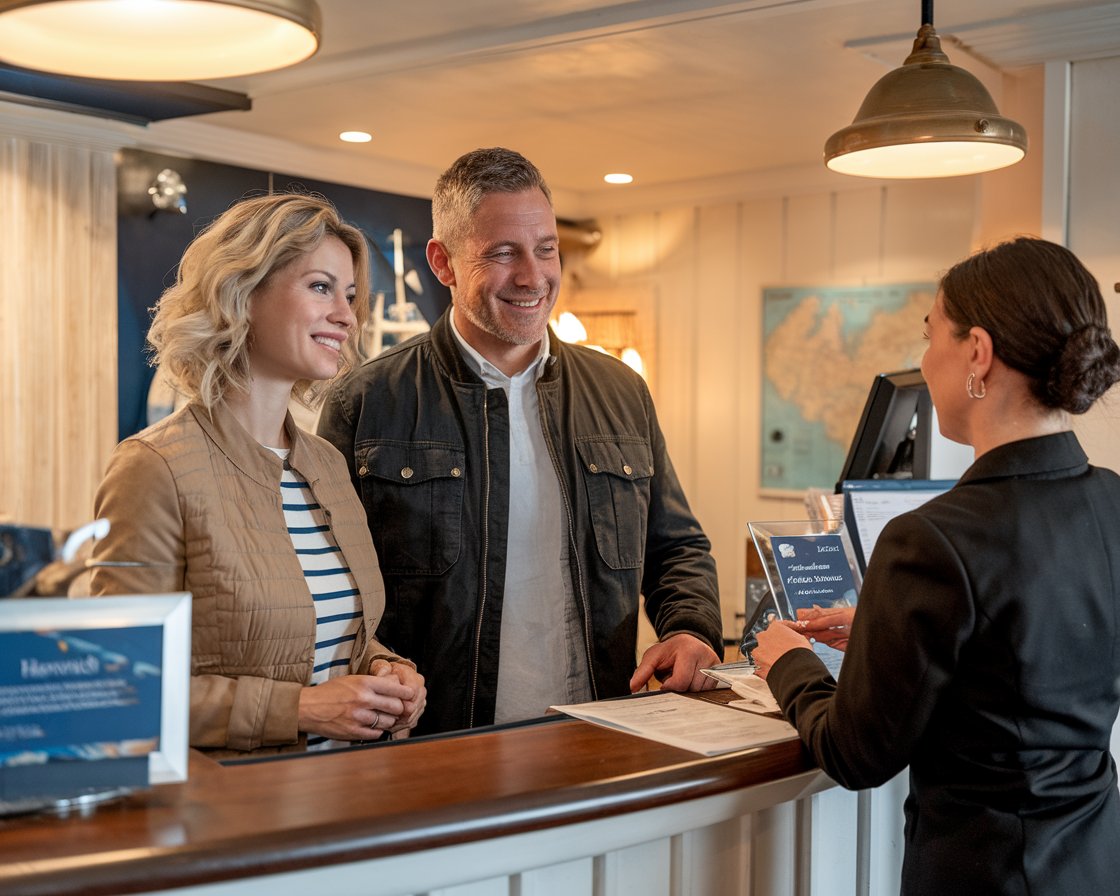 Mid aged Man and mid aged lady dressed casually are at the front desk of a hotel talking to a staff member near Harwich International Port.