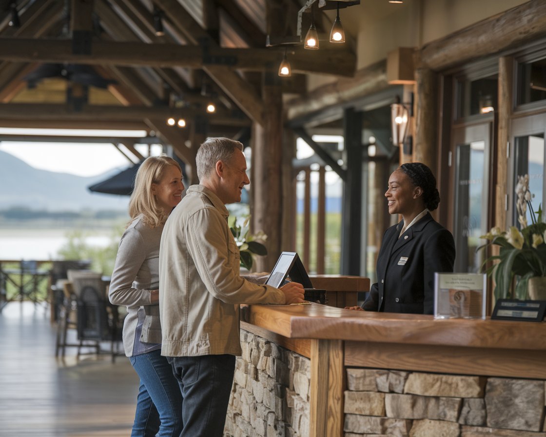 Mid aged Man and mid aged lady dressed casually are at the front desk of a hotel talking to a staff member near Holyhead Port