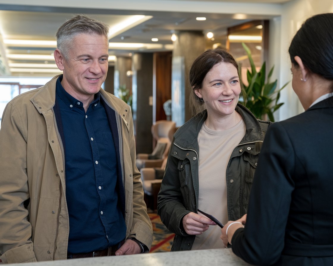 Mid aged Man and mid aged lady dressed casually are at the front desk of a hotel talking to a staff member near Port of Tilbury (London)