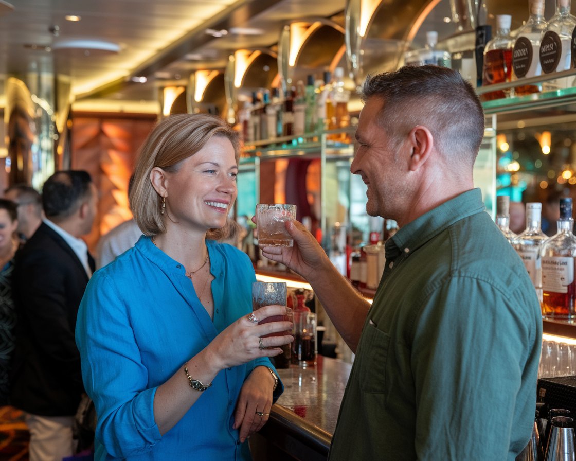 Mid aged lady and man at the Bar on Norwegian Breakaway cruise ship