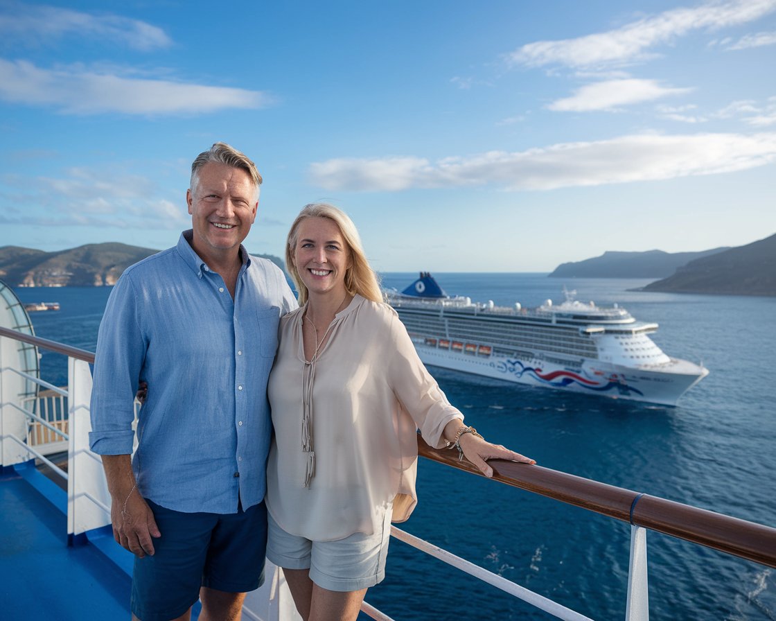 Mid aged lady and man on deck in shorts and tshirt on Norwegian cruise ship in the med