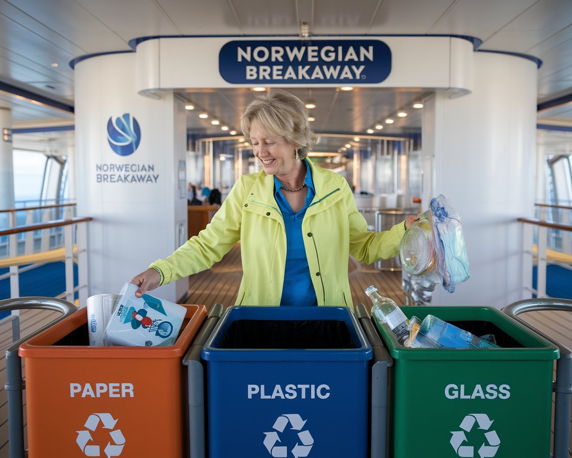 Mid aged lady recycling on Norwegian Breakaway cruise ship