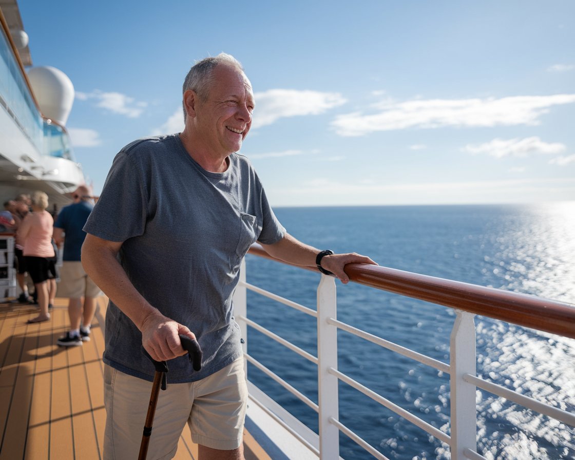 Mid aged main with walking stick in shorts and tshirt on Norwegian cruise ship in the med