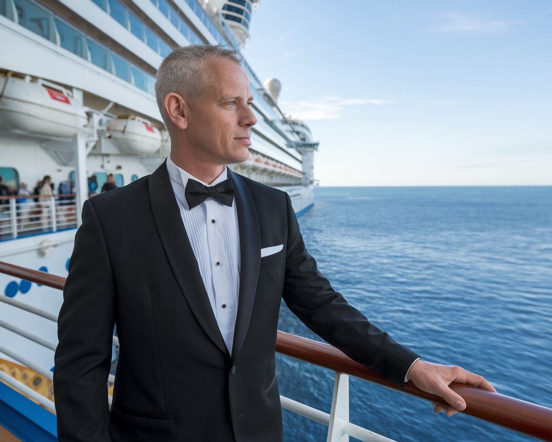 Mid aged man in a tux on a cruise ship